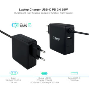 Tooq Cargador portátil conector USB-C 65W,Tooq Cargador portátil,65W,TQLC-USBC65PD,8433281011984