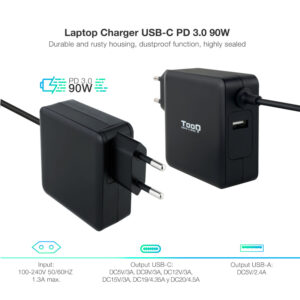 Tooq Cargador portátil conector USB-C 90W,Tooq Cargador portátil,90W